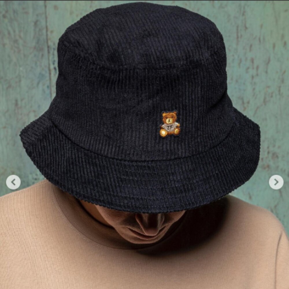 Teddy Fresh Black Corduroy Bucket Hat w/ Bear Patch Teddy Bear Streetwear BNWOT